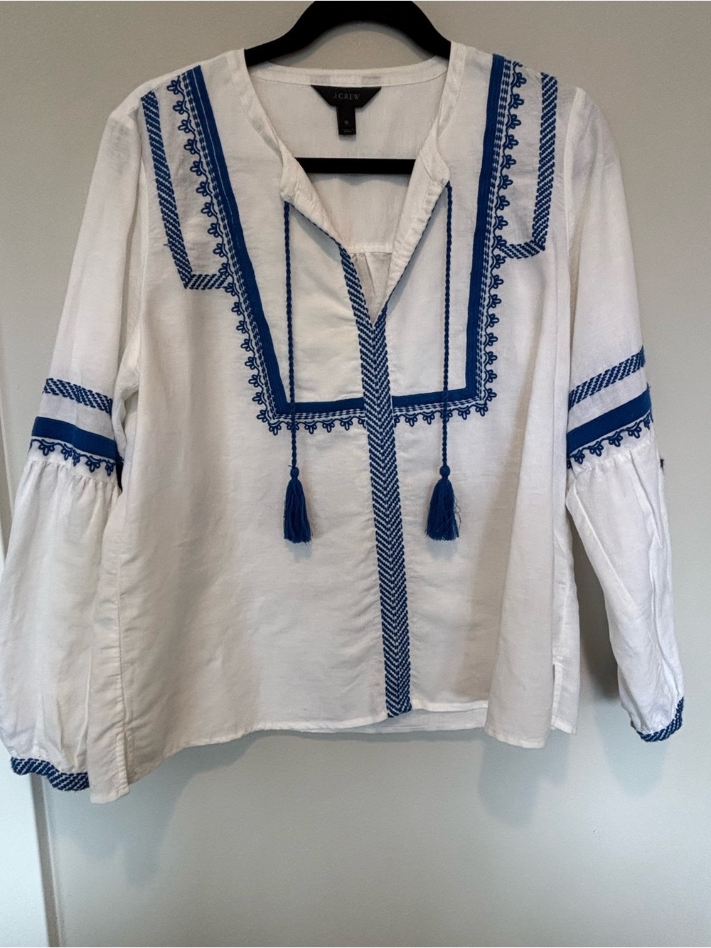 J. Crew White Peasant Blouse with Blue Embroidery